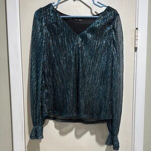 SHEIN Blue Pleated Ruffled Long Sleeve Blouse